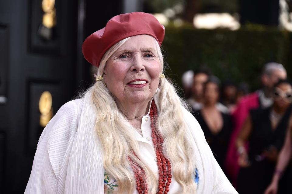 Joni Mitchell arrives at the 64th annual Grammy Awards at the MGM Grand Garden Arena on April 3, 2022, in Las Vegas.