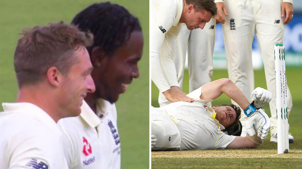 Jofra Archer (pictured middle) was seen smiling moments after Steve Smith lay on the ground after being hit with a bouncer. (Images: Twitter/Getty Images)