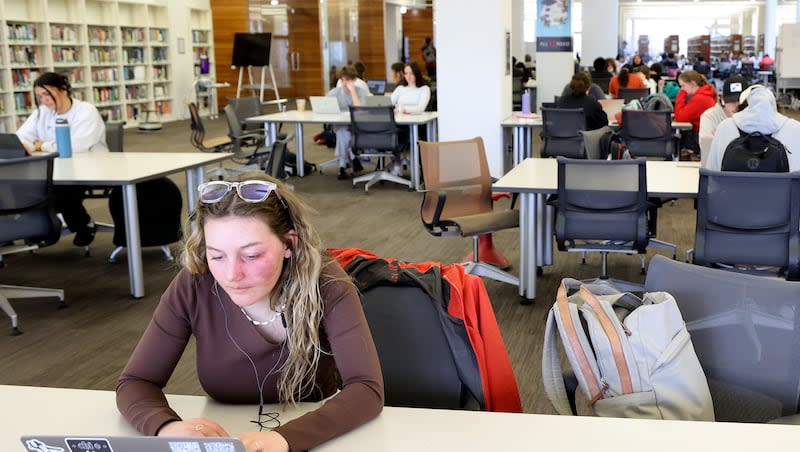 University of Utah freshman Gabby Leonardo studies in the J. Willard Marriott Library at the University of Utah in Salt Lake City on Wednesday, March 13, 2024.