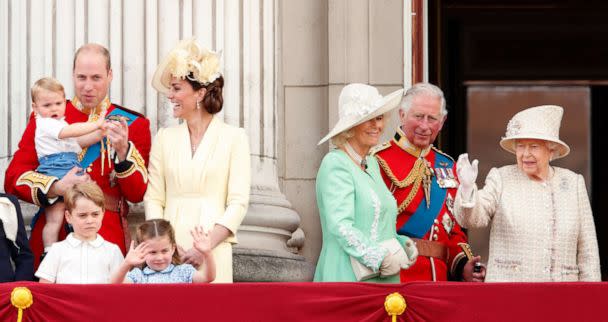 PHOTO: Prince William, the Duchess of Cambridge, Prince Louis, Prince George, Princess Charlotte, the Duchess of Cornwall, Prince Charles and Queen Elizabeth II watch a flypast from Buckingham Palace during Trooping The Colour, June 8, 2019, in London. (Max Mumby/indigo via Getty Images, FILE)