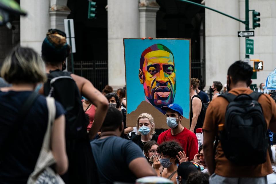 A portrait of George Floyd is seen during a protest encampment on June 28, 2020 in a park near City Hall in New York City. 