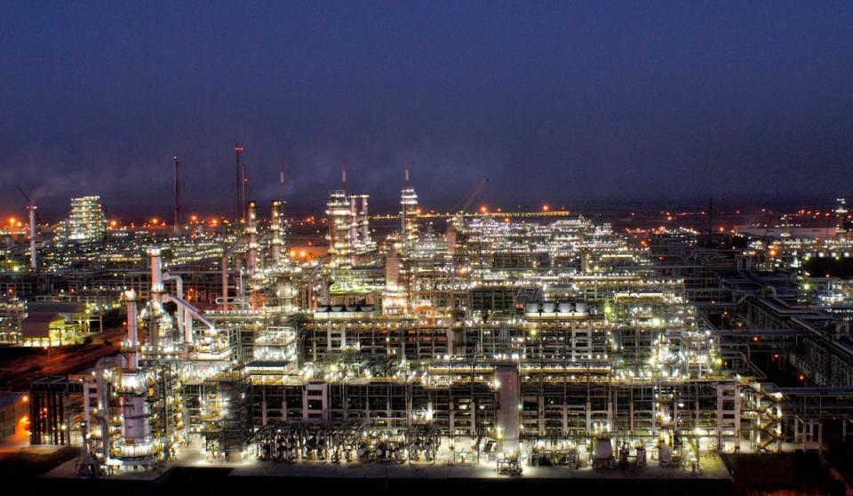 This photo released by Reliance Industries Limited in Jamnagar shows their crude oil refinery in Indian state of Gujarat