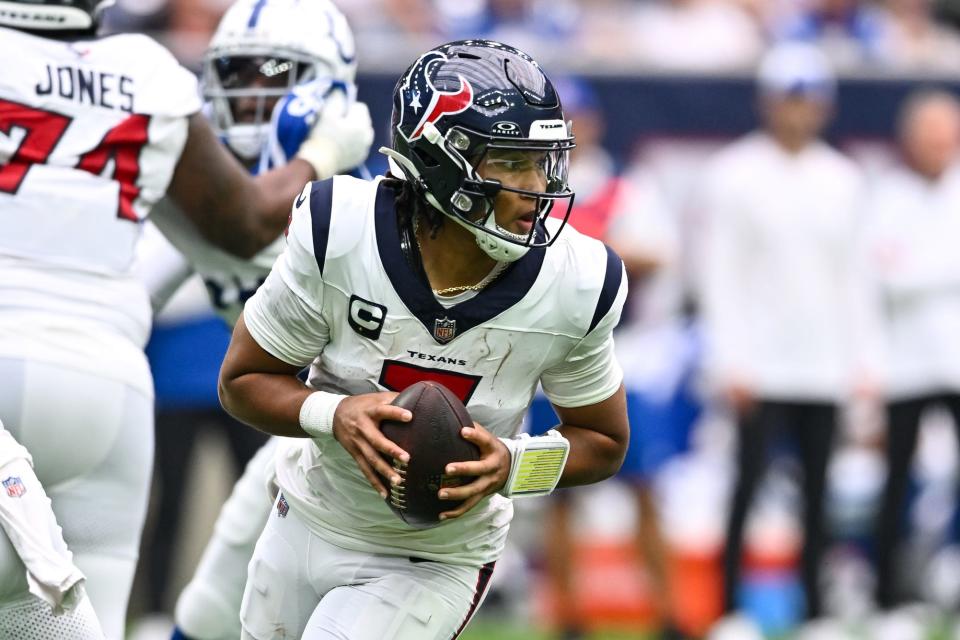 Sep 17, 2023; Houston, Texas, USA; Houston Texans quarterback C.J. Stroud (7) in action during the third quarter against the Indianapolis Colts at NRG Stadium. Mandatory Credit: Maria Lysaker-USA TODAY Sports