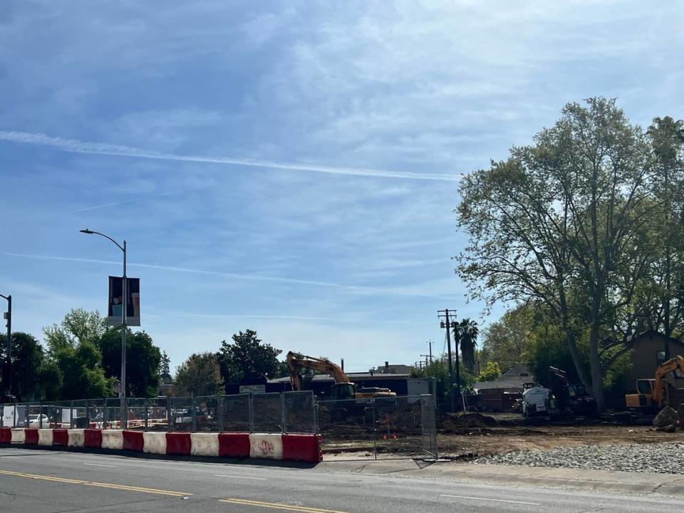 Crews excavate the former Tower Records space on Broadway in Sacramento on Wednesday, in preparation for a new mixed-use apartment building.