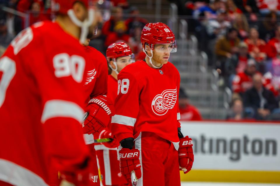 Detroit Red Wings right wing Patrick Kane (88) looks on during the first period at Little Caesars Arena in Detroit on Thursday, Dec. 7, 2023.