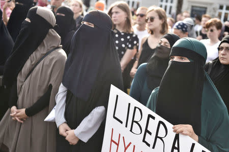 Demonstration on the first day of the implementation of the Danish face veil ban in Copenhagen, Denmark August 1, 2018. Mads Claus Rasmussen/Ritzau Scanpix/via REUTERS