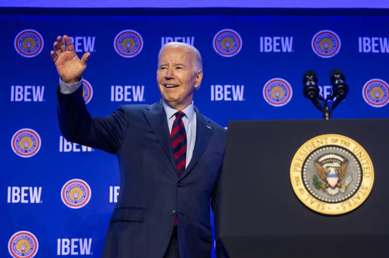 President Joe Biden prepares to speak at the International Brotherhood of Electrical Workers (IBEW) Construction and Maintenance Conference in Washington D.C. on Friday, He will talk jobs and solar energy on Earth Day Monday. Photo by Jim Lo Scalzo/UPI