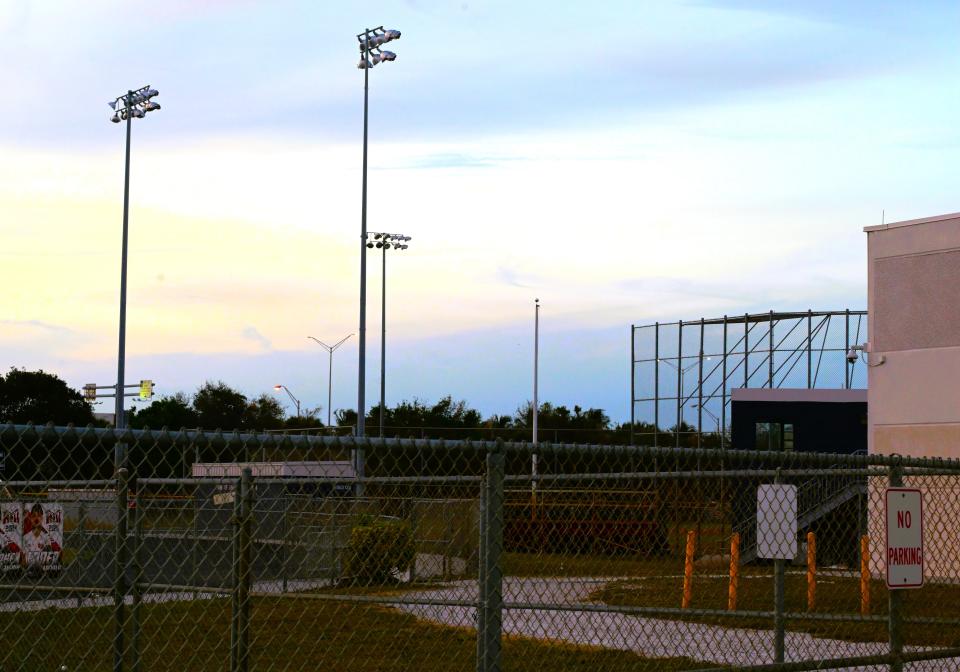 Forest Hill's lights are photographed following a weekday practice. The copper wiring for the lights were stolen from out of the ground, forcing the Falcons to adjust their home schedule (Feb. 16, 2024).