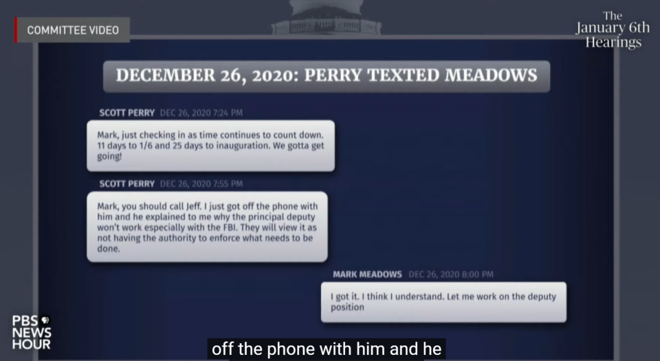 Texts between Rep. Scott Perry of Pennsylvania and Mark Meadows, White House chief of staff and former Western North Carolina congressman.