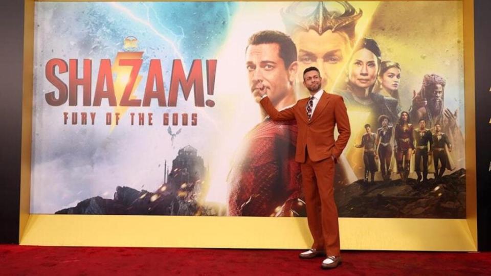 Zachary Levi cuts up at the World Premiere of “Shazam! Fury of the Gods” in Westwood. (Eric Charbonneau for Warner Bros.)