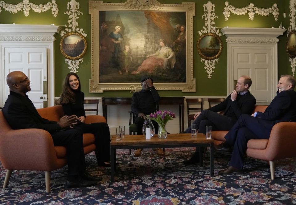 The Cambridges listen to former athlete Kriss Akabusi, left, poet Lemn Sissay, centre, and editor of Observer Food Monthly Allan Jenkins, right (Alastair Grant/PA) (PA Wire)