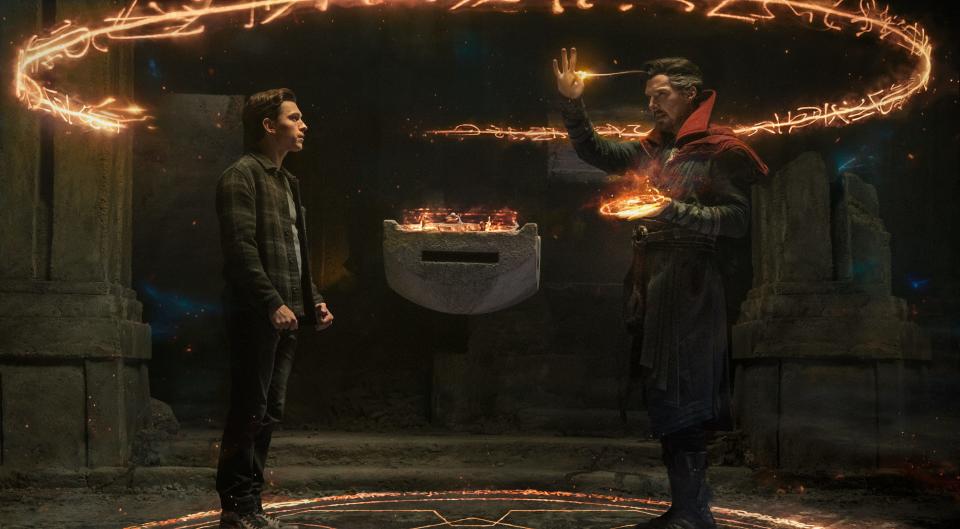 Peter Parker (Tom Holland, left) and Doctor Strange (Benedict Cumberbatch) rip open the multiverse in "Spider-Man: No Way Home."