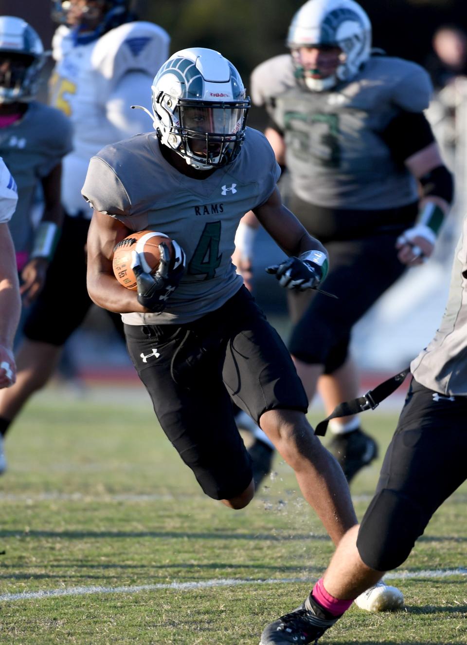 Parkside's James Harmon (4) rushes against Wi-Hi Thursday, Oct. 12, 2023, at Wicomico County Stadium in Salisbury, Maryland. Parkside defeated Wi-Hi 10-0.