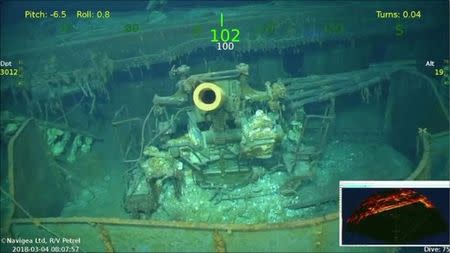 One of the guns on the sunken wreckage of the USS Lexington, a World War Two U.S. Navy aircraft carrier, is seen in this still frame taken from March 4, 2018 underwater video footage courtesy of Paul G. Allen. Mandatory Credit PAUL G. ALLEN/HANDOUT/via REUTERS TV