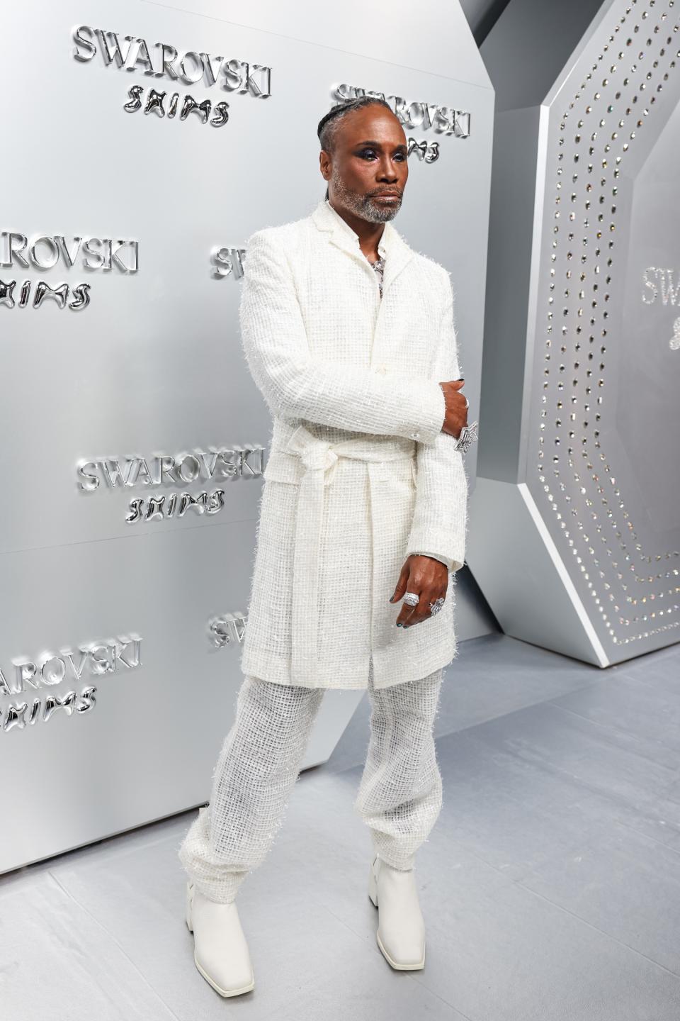 Billy Porter, Swarovski, Skims, Swarovski x Skims, jewelry, crystals, crystal jewelry, celebrity style, heels, high heels, boots, block heels, white boots, leather boots, New York City