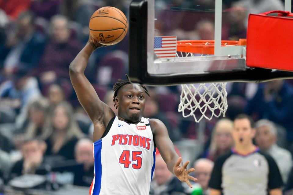 Detroit Pistons forward Sekou Doumbouya dunks against the Cleveland Cavaliers in the first quarter at Rocket Mortgage FieldHouse on Jan. 7, 2020.