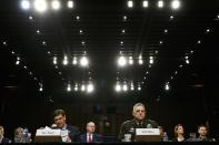 Defense Secretary Mark Esper, left, and Chairman of the Joint Chiefs of Staff Gen. Mark Milley, listen during a Senate Armed Services Committee on budget posture, Wednesday, March 4, 2020, on Capitol Hill in Washington. (AP Photo/Jacquelyn Martin)