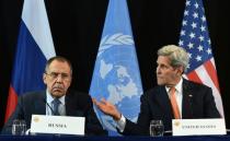 US Secretary of States John Kerry pictured with Russian Foreign Minister Sergei Lavrov during a news conference after the International Syria Support Group meeting in Munich on February 12, 2016