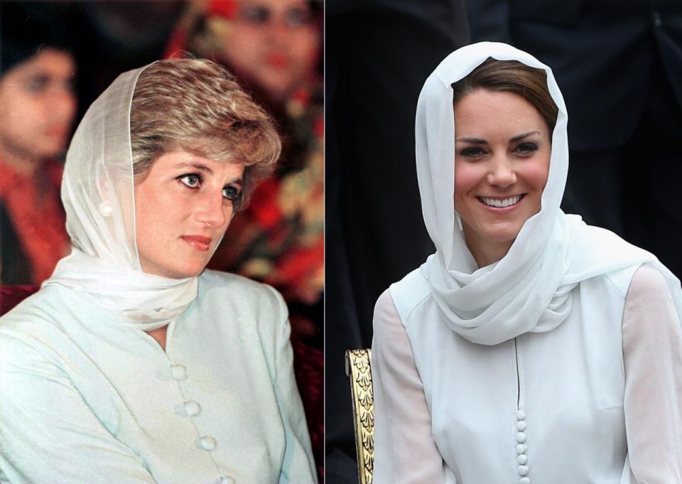 Kate nahm sich ebenfalls Prinzessin Dianas Stil zum Vorbild, als sie in Kuala Lumpur ein Kopftuch anzog, das dem ähnelte, welches Prinzessin Diana 1996 bei einem Besuch in Pakistan trug. Foto: Getty Images