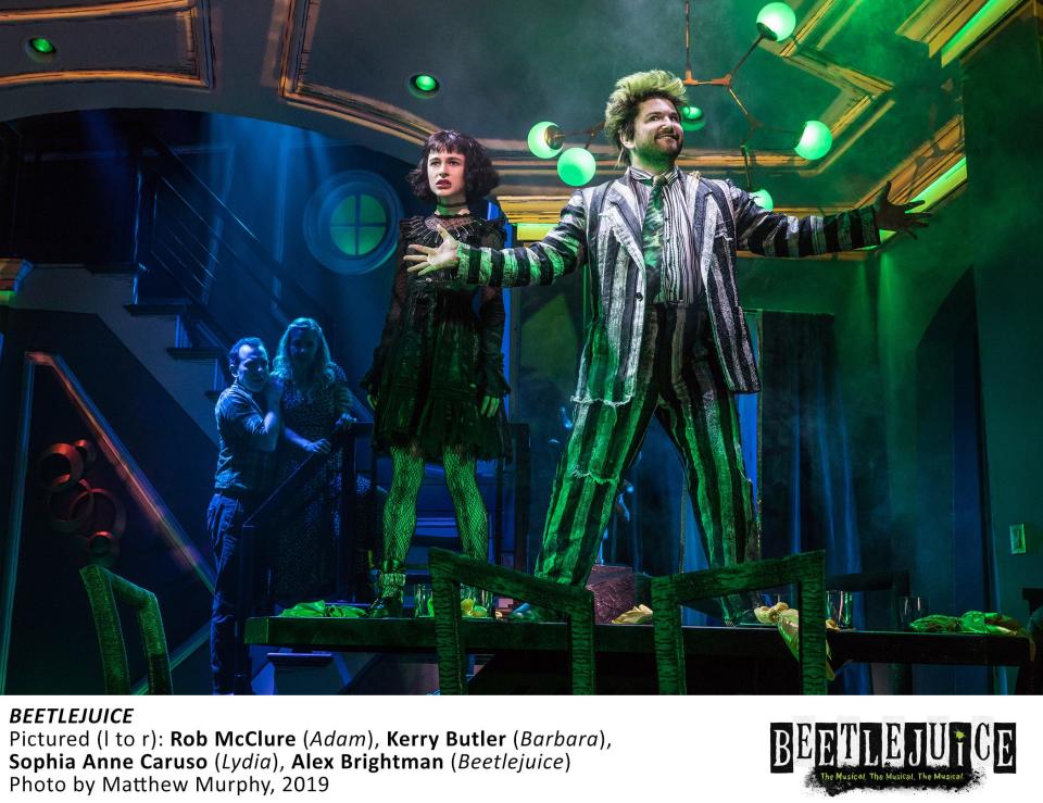 Rob McClure, from left, Kerry Butler, Sophia Anne Caruso and Alex Brightman in a scene from "Beetlejuice."