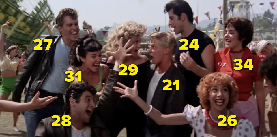 John Travolta 24, Olivia Newton John 29, Stockard Channing 34, Jeff Conaway 27, Barry Pearl 28, Kelly Ward 21, Didi Conn 26, and Jamie Donnelly 31