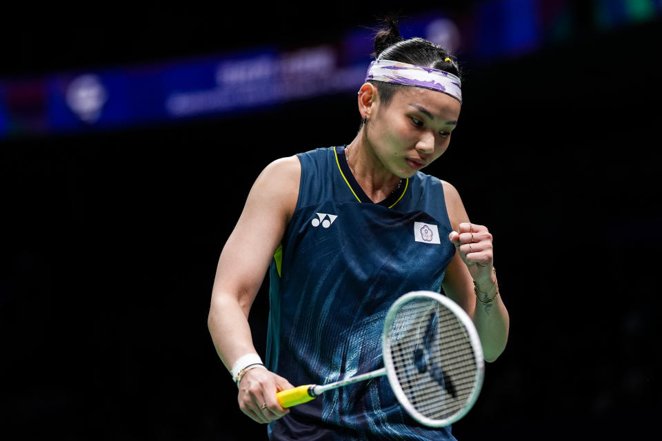 CHENGDU, CHINA - APRIL 28: Tai Tzu Ying of Chinese Taipei reacts in the Women's Singles Round Robin match against Goh Jin Wei of Malaysia during day two of the Thomas & Uber Cup Finals 2024 at Chengdu High-tech Sports Centre on April 28, 2024 in Chengdu, China.  (Photo by Shi Tang/Getty Images)