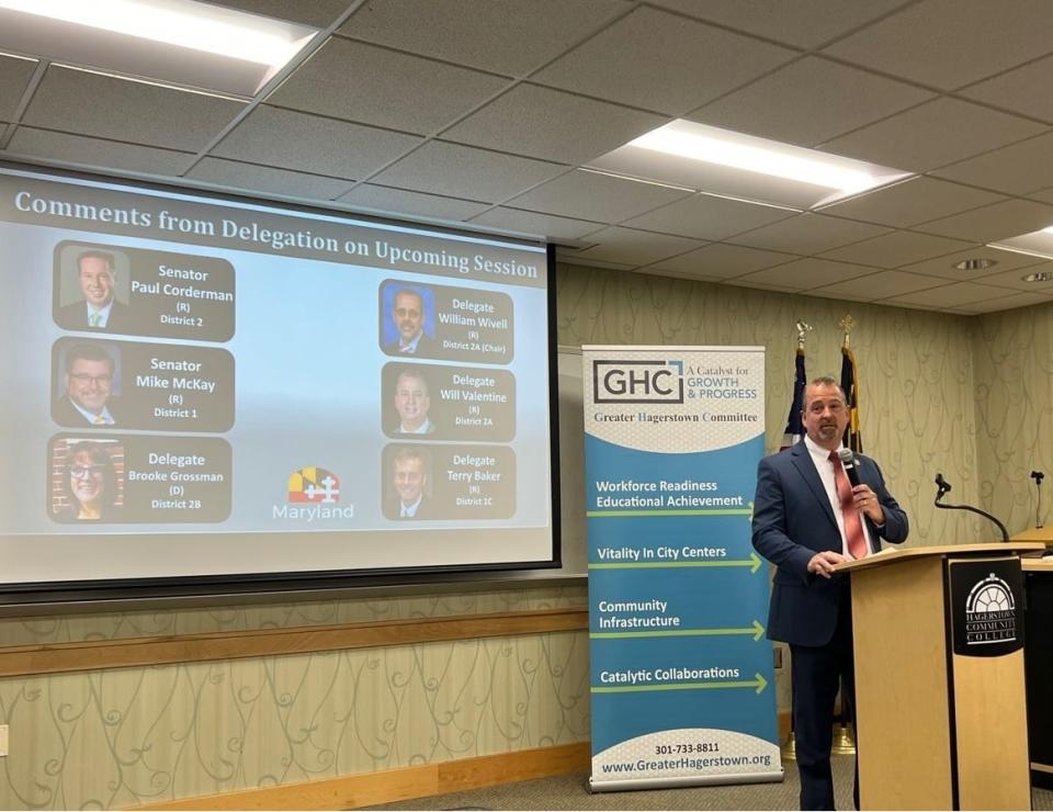 Del. Will Valentine, R-Frederick/Washington, speaks during a breakfast hosted by the Greater Hagerstown Committee at Hagerstown Community College on Nov. 6, 2023.