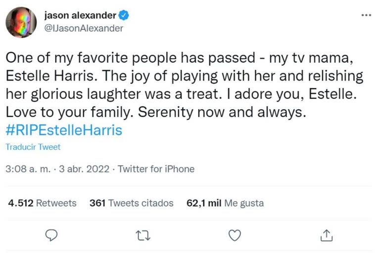 Jason Alexander, el hijo de Estelle Harris en Seinfeld, despidió a la actriz con un sentido mensaje de Twitter