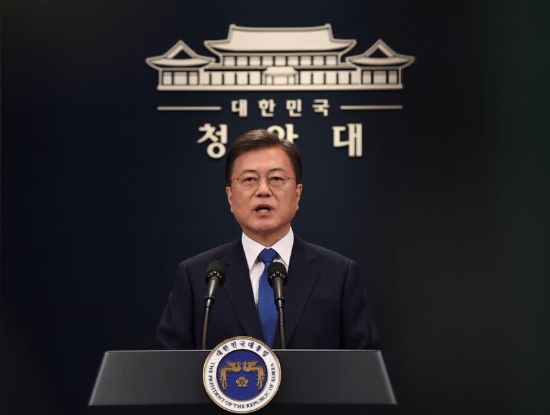 South Korean President Moon Jae-in speaks on the occasion of the third anniversary of his inauguration at the presidential Blue House in Seoul