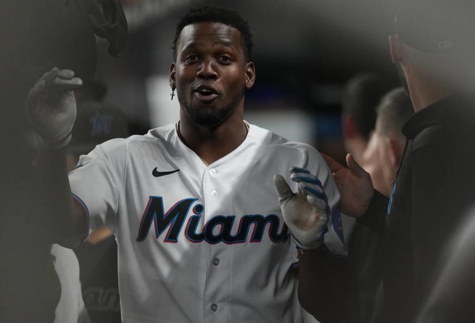 Jul 31, 2023; Miami, Florida, USA; Miami Marlins designated hitter Jorge Soler (12) celebrates a two-run home run in the first inning against the Philadelphia Phillies at loanDepot Park.