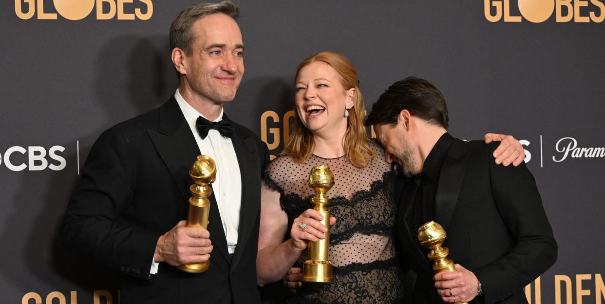 l r english actor matthew macfayden poses with the award for best performance by a male actor in a supporting role on television for succession australian actress sarah snook poses with the award for best performance by a female actor in a television series drama for and us actor kieran culkin poses with the award for best performance by a male actor in a television series drama for in the press room during the 81st annual golden globe awards at the beverly hilton hotel in beverly hills, california, on january 7, 2024 photo by robyn beck afp