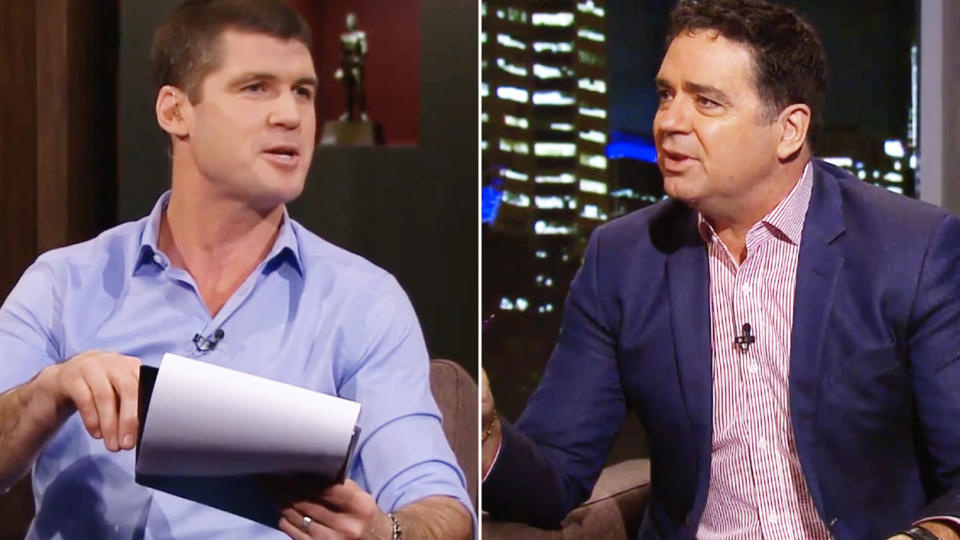 AFL greats Jonathan Brown (pictured left) pointing to a list while arguing with Garry Lyon (pictured right).