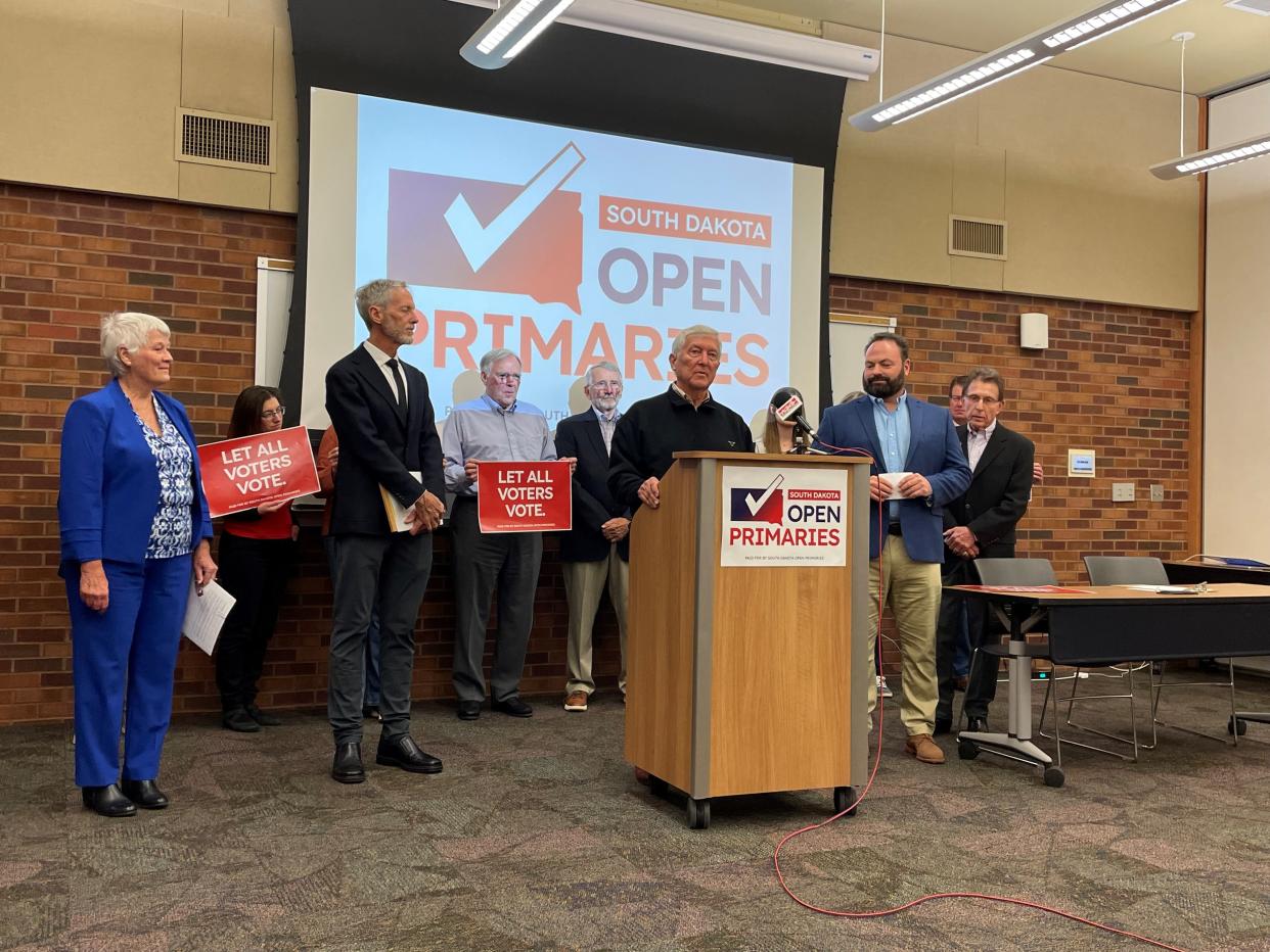 Tom Dempster, a former state senator and Minnehaha County Commissioner, speaks at a press conference to announce the signature drive to put a constitutional amendment that would allow for open primaries on the 2024 general election ballot in Sioux Falls on April 19, 2022.