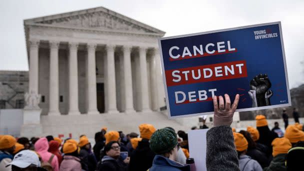 PHOTO: People rally in support of the Biden administration's student debt relief plan in front of the the Supreme Court, Feb. 28, 2023. (Drew Angerer/Getty Images)