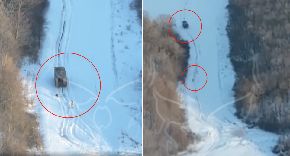 The drone footage shows the military truck in Ukraine racing up the snowy mountain with two abandoned soldiers chasing behind on foot. Source: Newsflash