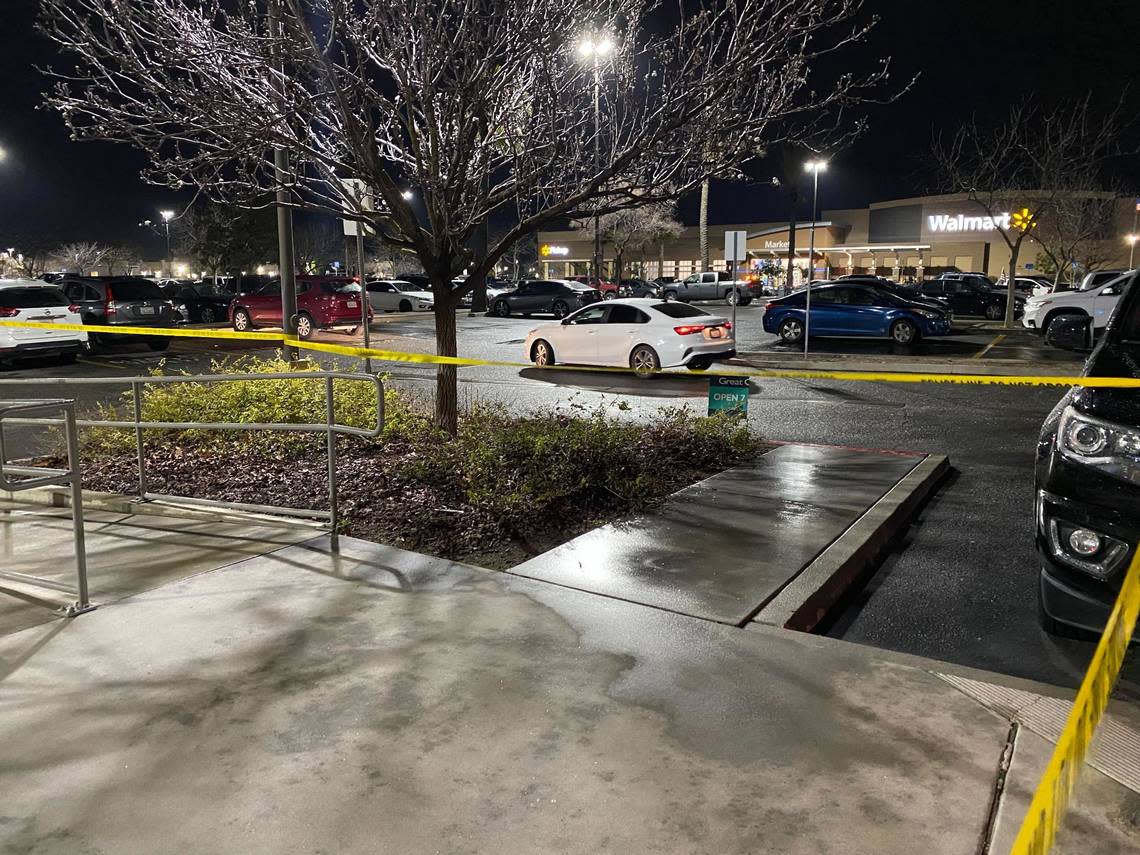Fresno police were on scene of an incident involving a death Saturday, March 4, 2023, along Herndon Avenue near a Walmart. The street and part of the parking lot were closed off, but the store remained open.
