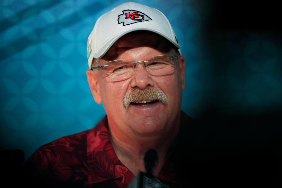 Chiefs coach Andy Reid speaks to the media during Super Bowl Opening Night. (Photo by Cliff Hawkins/Getty Images)