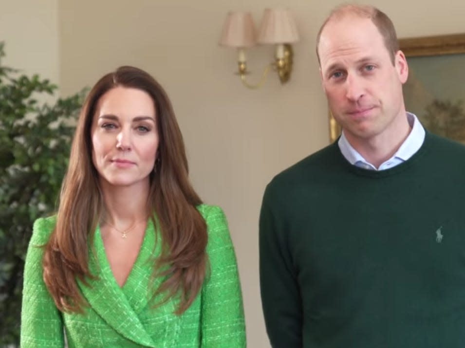 Kate Middleton wears a green blazer from Zara. She stands next to Prince William.