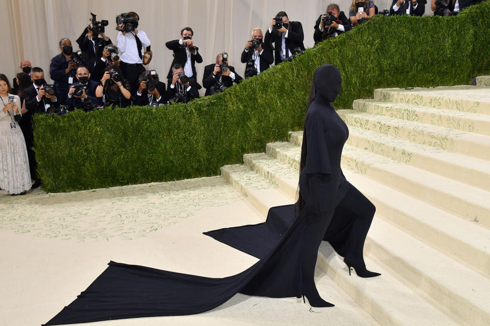 US socialite Kim Kardashian arrives for the 2021 Met Gala at the Metropolitan Museum of Art on September 13, 2021 in New York. - This year's Met Gala has a distinctively youthful imprint, hosted by singer Billie Eilish, actor Timothee Chalamet, poet Amanda Gorman and tennis star Naomi Osaka, none of them older than 25. The 2021 theme is "In America: A Lexicon of Fashion." (Photo by Angela Weiss / AFP) (Photo by ANGELA WEISS/AFP via Getty Images)