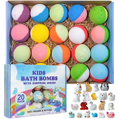 Bath Bomb Gift Set with Toys Inside, 20 Pack Organic Bath Bombs for Kids, Kids Safe Handmade Fizzy Balls for Kid, Ideal Birthday Gift for Boys & Girls)