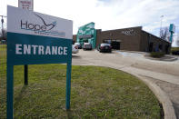 The entrance to the corporate office of Hope Enterprise Corporation, which runs a Mississippi-based credit union in Jackson, Miss., is shown Monday, Feb. 8, 2021. Hope is partnering with seven cities and nine historically Black colleges and universities to launch the “Deep South Economic Mobility Collaborative." Goldman Sachs 10,000 Small Businesses initiative is providing up to $130 million to the endeavor, which will be available to clients in Louisiana, Mississippi, Alabama, Arkansas and Tennessee. (AP Photo/Rogelio V. Solis)