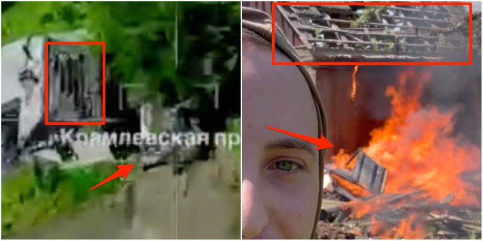 Side-by-side stills from Russian drone footage and Lt. Cmdr. Oleksandr Afanasyev respectively. A damaged roof viewed viewed from the drone closely resembles that which appears in Afanasyev's video. Both are marked with a box.