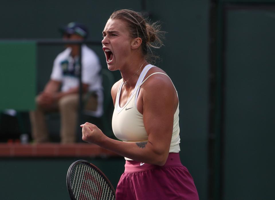 Aryna Sabalenka celebrates a point win in her semifinal win Maria Sakkari during the BNP Paribas Open at the Indian Wells Tennis Garden in Indian Wells, Calif., March 17, 2023.