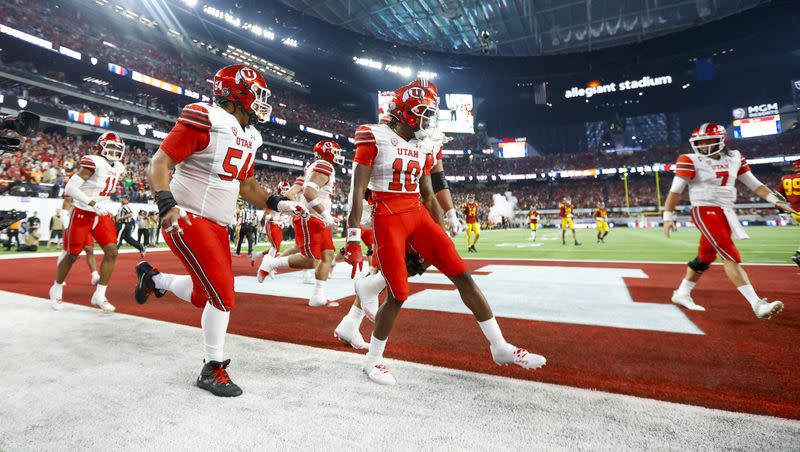 The Utes celebrate after scoring a touchdown against the USC during the Pac-12 championship at the Allegiant Stadium in Las Vegas on Friday, Dec. 2, 2022. Can the Utes make it three straight Pac-12 titles this season?