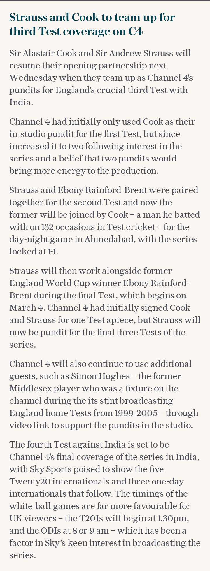 Strauss and Cook to team up for C4 coverage