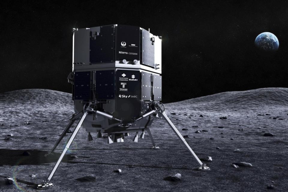 This illustration provided by ispace in April 2023 depicts what the Hakuto spacecraft would have looked like on the surface of the Moon (ispace)