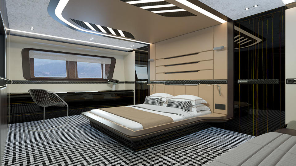 Stilecht in die Vergangenheit: Dieses Schlafzimmer in Hahnentritt-Ambiente scheint einem James-Bond-Film der 1970er entsprungen. (Bild-Copyright: Dynamiq)