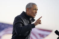 Former President Barack Obama speaks at a rally at Belle Isle Casino in Detroit, Mich., Saturday, Oct. 31, 2020, also attended by Democratic presidential candidate former Vice President Joe Biden. (AP Photo/Andrew Harnik)