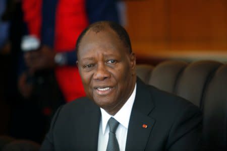 Ivory Coast President Alassane Ouattara speaks during the first cabinet meeting at the presidential palace in Abidjan, Ivory Coast July 11, 2018. REUTERS/Luc Gnago