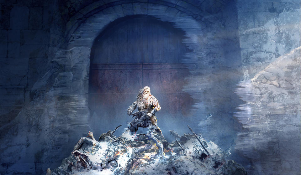 A warrior stands outside a fortress that could well be Helm’s Deep.